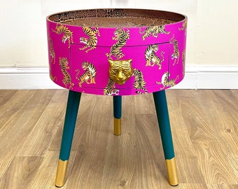 Hot Pink Magenta Tiger round bedside table . Fun Bright Home Decor . Ideal for Nightstand or side table. Comes with inbuilt drawer