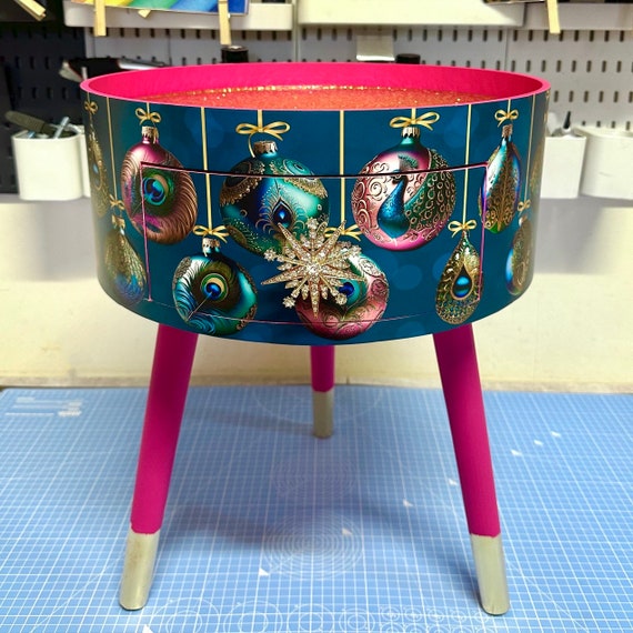 Hot pink and glitter Christmas round side table , teal emerald green peacock design with jewel colours.   Nightstand. Hanukkah end table