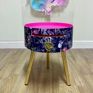Hot Pink and gold round bedside table . Leopard and flamingo design. Bright Home Decor . Ideal for Nightstand or side table. Built in drawer