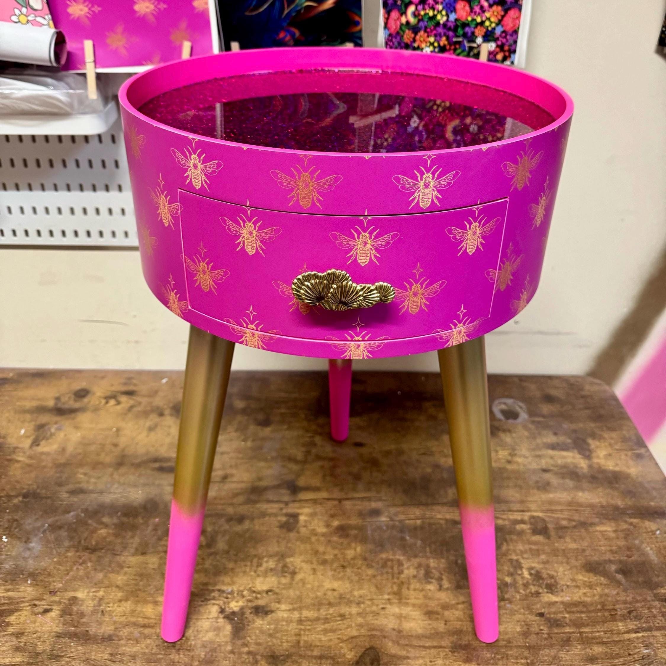 Hot Pink Gold Bees Round Bedside Table. Fun Bright Home Decor . Ideal ...