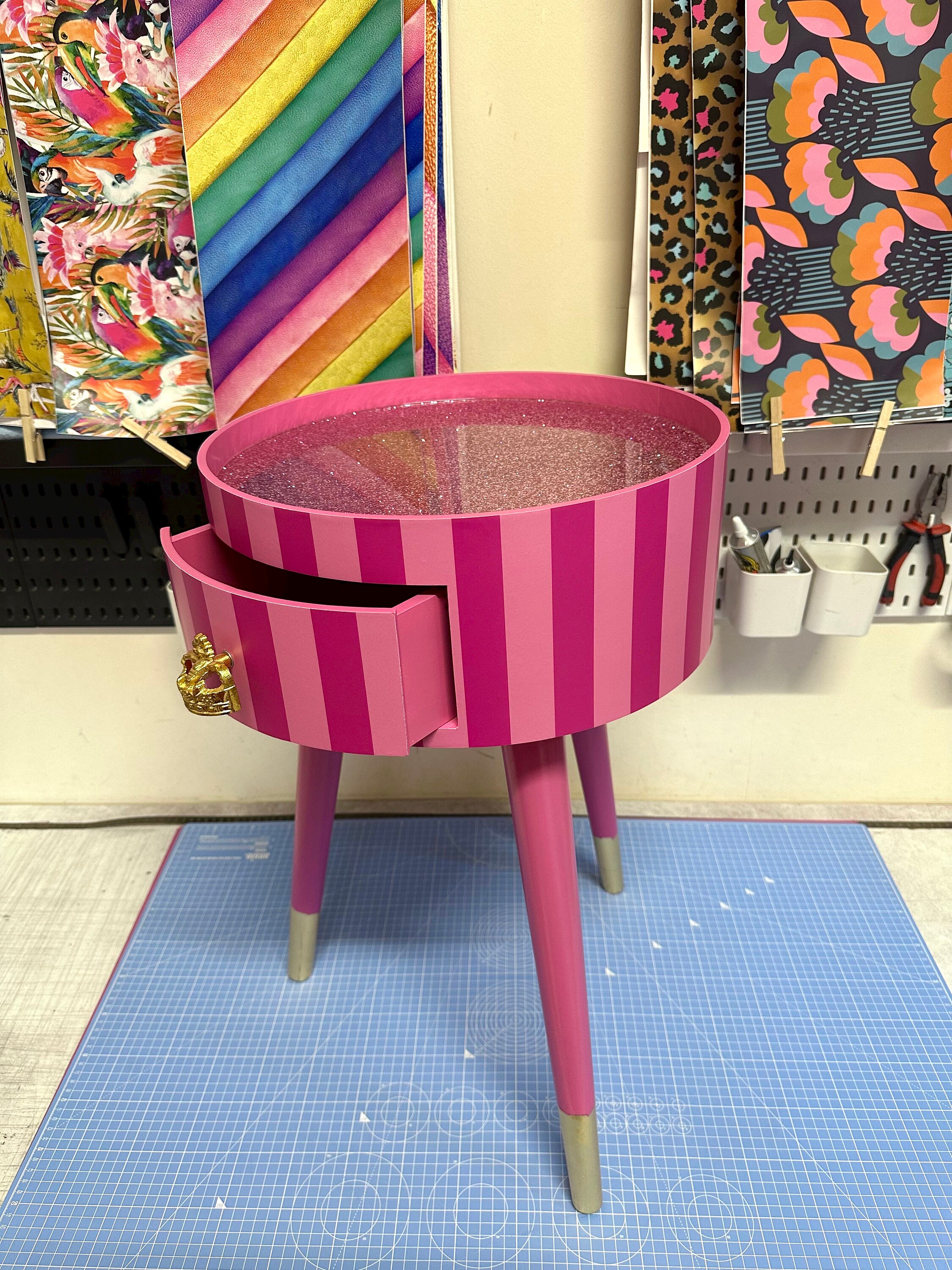 Pink Striped Bedside Table. Glitter Top, Stripe Nightstand, Colourful ...