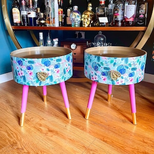 Pair of bedside tables, blue and mint tropical flamingo pink nightstand with gold top, round side table with storage drawer, eclectic design