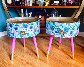 Pair of bedside tables, blue and mint tropical flamingo pink nightstand with gold top, round side table with storage drawer, eclectic design