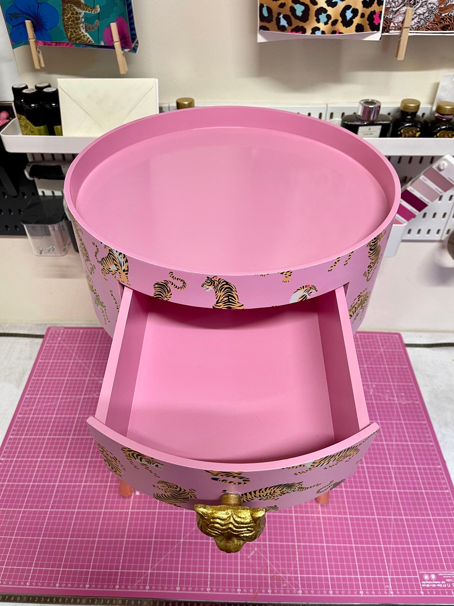 Light Pink Tiger Round Bedside Table . Fun Bright Home Decor . Ideal ...