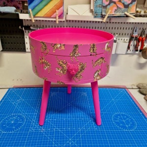 Hot Pink Tiger bedside table pink top . Fun Bright Home Decor . Ideal for Nightstand or side table. Comes with inbuilt drawer