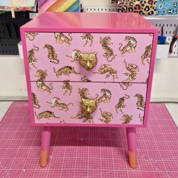 Custom square bedside table , two drawers, personalised side table, Pink, yellow, navy, gold, blue, mint, fuscia, tan, ideal nightstand