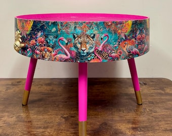 Runder rosafarbener Glitzer-Couchtisch, Juwelen-Leopard-Design, magentafarbenes Abheben von Spitze, großer Lounge-Tisch, ideal für Wohnzimmer, Aufbewahrung