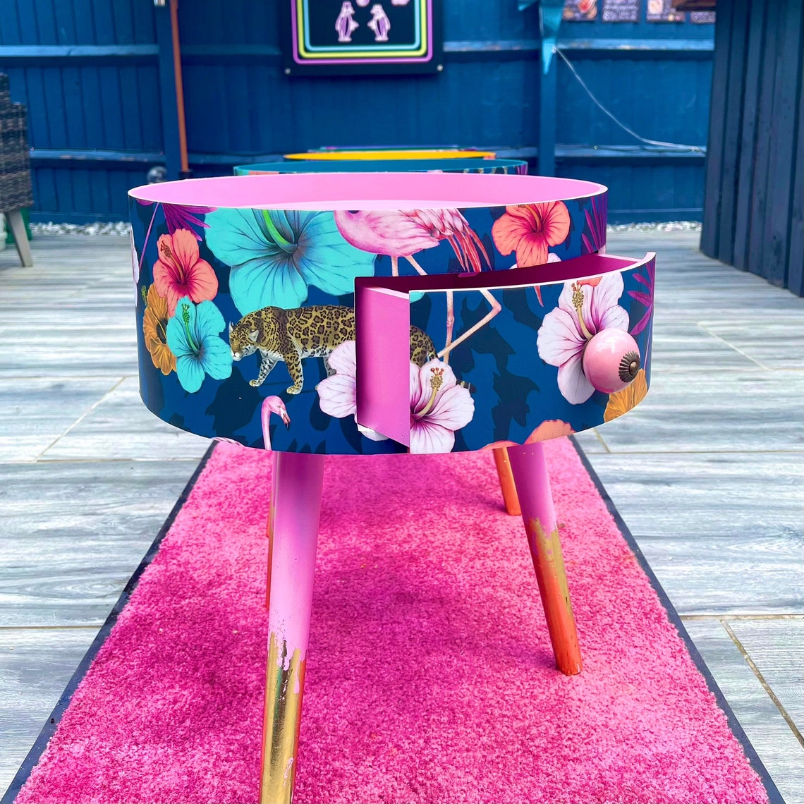 Round Bedside Table Pink and Navy. Colourful Cute Design Etsy