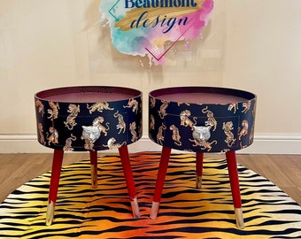 Pair of bedside tables, black and red nightstand with tiger design, silver tiger handle, side table with drawer, eclectic design