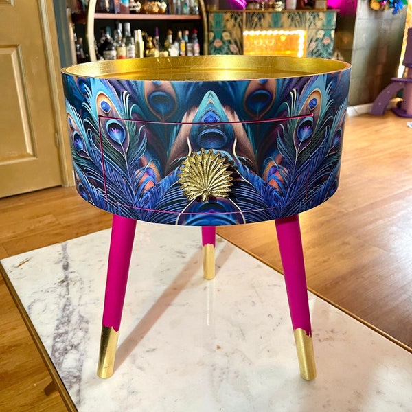 Peacock side table, blue, green and teal jewel colours, opulent nightstand, hot pink and navy bedside table, round small table