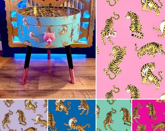 Tiger print wooden round bedside table. Multiple colours available :  pink, lilac, mint, turquoise, navy. Ideal for nightstand or side table