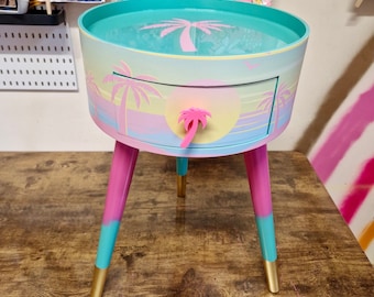 Pink Malibu side table,  mint and pink ombre, sunset, flamingo, Palm Springs nightstand , Palm tree detail, taller legs