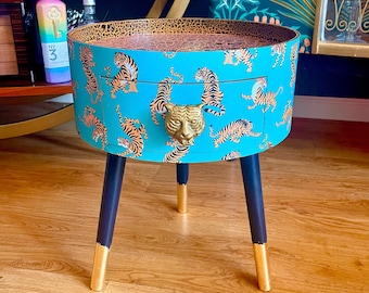 Light blue and orange tiger bedside table with gold handle . Ideal for nightstand or sidetable . Round table with drawer. Customisable