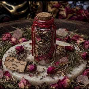 Puede incluir: Un frasco de vidrio lleno de flores secas, hierbas y cristales, sellado con un corcho y cera roja. Un colgante en forma de corazón cuelga en el interior. El frasco está rodeado de pétalos de rosa secos y una pequeña tarjeta que dice "Love Binding Spell".