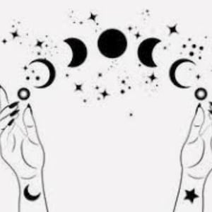 May include: Black and white line art illustration of two hands reaching up towards a crescent moon and stars. The moon phases are depicted in a circle above the hands.