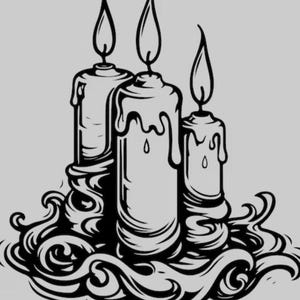May include: Black and white illustration of three lit candles with melting wax. The candles are of varying heights and sit atop a decorative, swirling base. The flames are stylized and elongated.