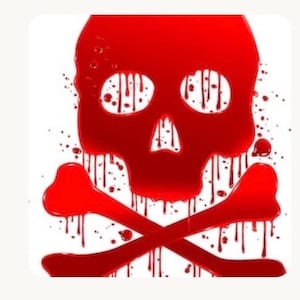 May include: A graphic illustration of a skull and crossbones rendered in a vibrant red color. The design features a dripping, liquid-like effect throughout the entire shape, with numerous small red splatters surrounding the central icon.