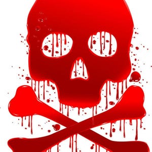 Peut inclure: Un crâne et des os croisés rouges qui dégouttent de sang. Le crâne est souligné d'un rouge foncé épais, et les os croisés dégouttent également de sang.