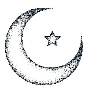 Könnte beinhalten: Ein schwarz-weißer Halbmond mit einem fünfzackigen Stern in der Mitte. Mond und Stern bestehen aus kleinen Punkten.