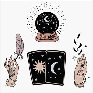 May include: A set of five black and white illustrations with a mystical theme. The illustrations include a crystal ball, two tarot cards, a feather, and a hand holding a sprig of leaves.