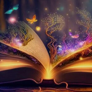 May include: An open book with glowing pages, surrounded by magical elements like butterflies, trees, and lights. The book appears to be a portal to a fantastical world.