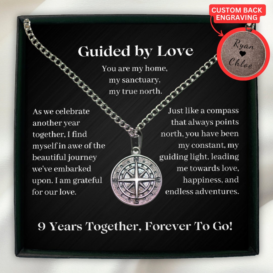 Personalized Compass Necklace for Men, 9th Anniversary Gift for