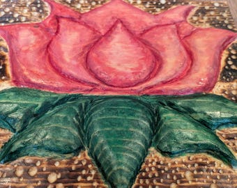 Hand-Carved Wooden Lotus Panel | Pyrography Floral Wall Art, Hand Painted Meditation Decor