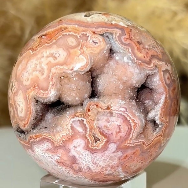 RARE Crazy Lace Agate Druzy Sphere Crystal Indonesia Peach Pink Red