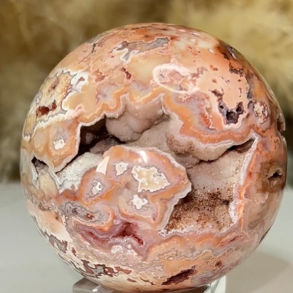 RARE Crazy Lace Agate Druzy Sphere Crystal Indonesia Peach Pink Red