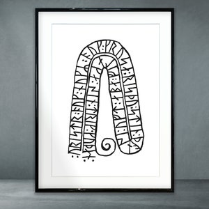 May include: Framed black and white print. The artwork features an arch-shaped design with linear patterns and symbols. The minimalist aesthetic highlights the contrast between the black lines and the white background. The frame is black.