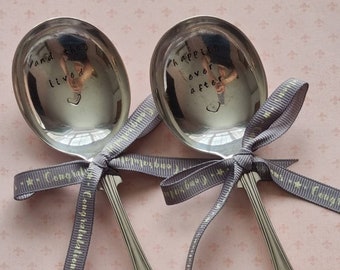 Hand Stamped Vintage "and they lived, happily ever after" Silver Plated Soup Spoon Pair