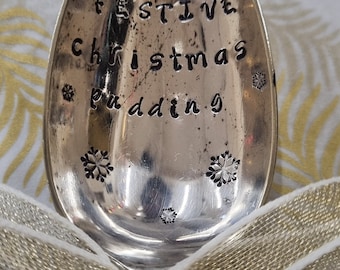 Hand Stamped Vintage "Festive Christmas Pudding" Silver Plated Dessert Spoon