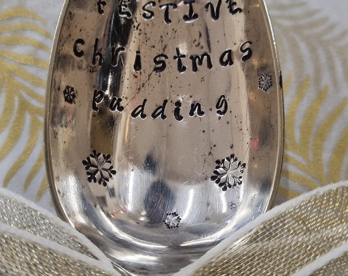 Hand Stamped Vintage "Festive Christmas Pudding" Silver Plated Dessert Spoon