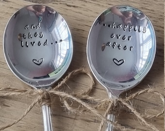 Hand Stamped Vintage "and they lived, happily ever after" Silver Plated Small Soup Spoons Pair