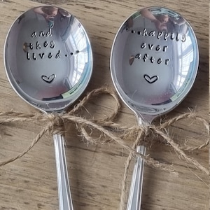 Hand Stamped Vintage "and they lived, happily ever after" Silver Plated Small Soup Spoons Pair