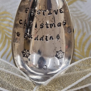 Hand Stamped Vintage &quot;Festive Christmas Pudding&quot; Silver Plated Dessert Spoon