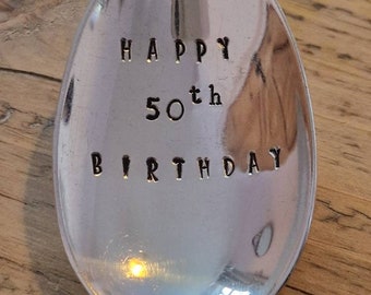 Hand Stamped Vintage "Happy 50th Birthday" Silver Plated Dessert Spoon