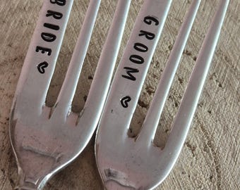 Hand Stamped Vintage "Bride and Groom" Silver Plated Small Cake Fork Pair