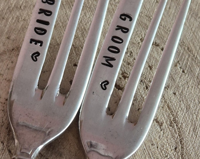Hand Stamped Vintage "Bride and Groom" Silver Plated Small Cake Fork Pair