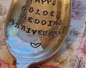 Hand Stamped Vintage "Golden Wedding Anniversary" Silver Plated Dessert Spoon