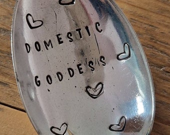 Hand Stamped Vintage "Domestic Goddess" Silver Plated Dessert Spoon