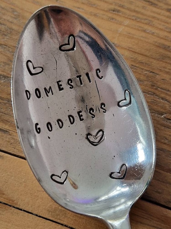 Hand Stamped Vintage "Domestic Goddess" Silver Plated Dessert Spoon