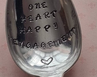 Hand Stamped Vintage "Two Souls One Heart Happy Engagement" Silver Plated Dessert Spoon