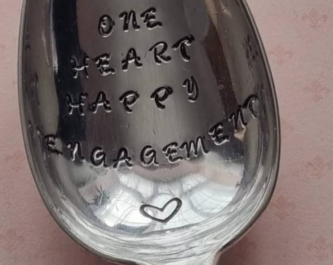Hand Stamped Vintage "Two Souls One Heart Happy Engagement" Silver Plated Dessert Spoon