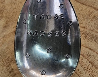 Hand Stamped Vintage "Vadge Badger" Silver Plated Dessert Spoon