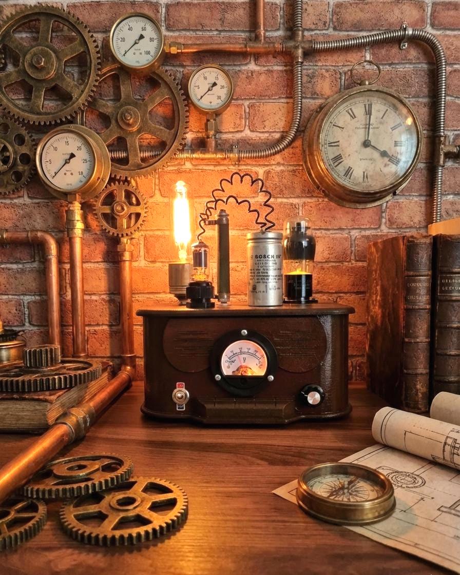 Walnut Wood Steampunk Style Radio Look Desk Lamp With 1940s Vacuum