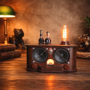 Owlbox - Steampunk Bluetooth Speaker with Nixie Style Lamp, Retro Vacuum Tube Desktop Audio, Personalized Gift for Musicians, Hi-Fi Sound