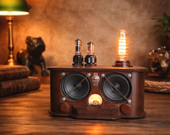 Owlbox - Steampunk Bluetooth-Lautsprecher mit Nixie-Stil-Lampe, Retro-Vakuumröhre Desktop Audio, personalisiertes Geschenk für Musiker, Hi-Fi Sound