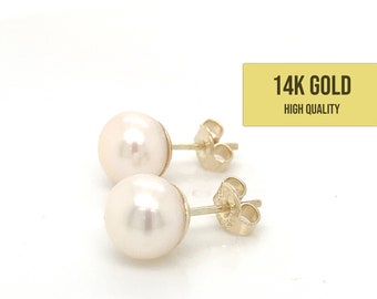 14K Solid Gold Pearl Studs: Genuine Cultured Pearl Earrings