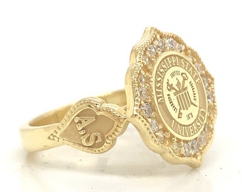 Custom University Graduation Ring – Personalized College Class Ring, Engraved Halo Jewelry with Stones, Unique University Ring for Men Women